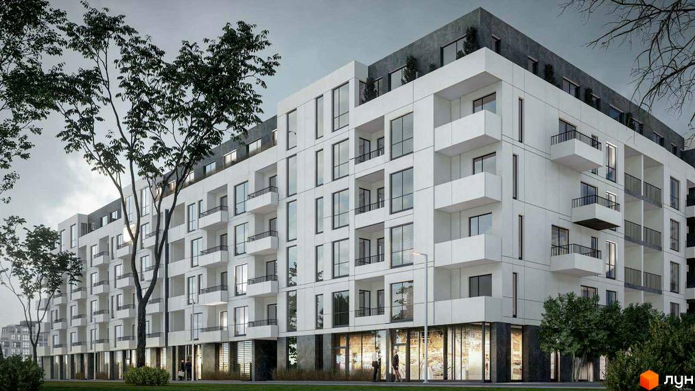 Зображення фасаду Новобудови Art29 з великими вікнами та балконами. Навколо будинку дерева та зелений газон.