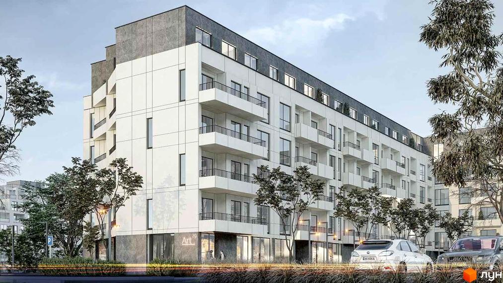 Зображення фасаду Житлового комплексу Art29 з балконами та великими вікнами. Навколо будинку дерева та зелена територія.