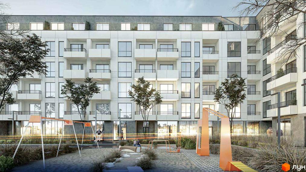Житловий комплекс Art29 з білосніжним фасадом та балконами, прибудинкова територія з дитячим майданчиком та зеленими насадженнями.