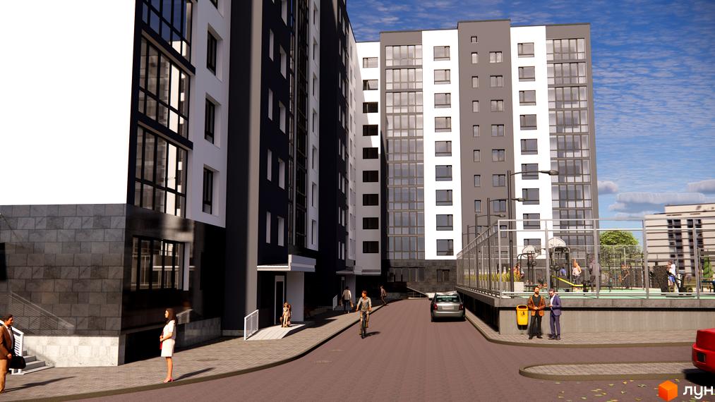 Житловий комплекс Comfort House з фасадами біло-сірого кольору та великими вікнами. Прибудинкова територія включає спортивний майданчик та зону відпочинку.