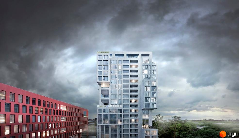 NOVO RESIDENCE: сучасний житловий комплекс з унікальною архітектурою та панорамними вікнами. Навколо комплексу зелені насадження та міський пейзаж.