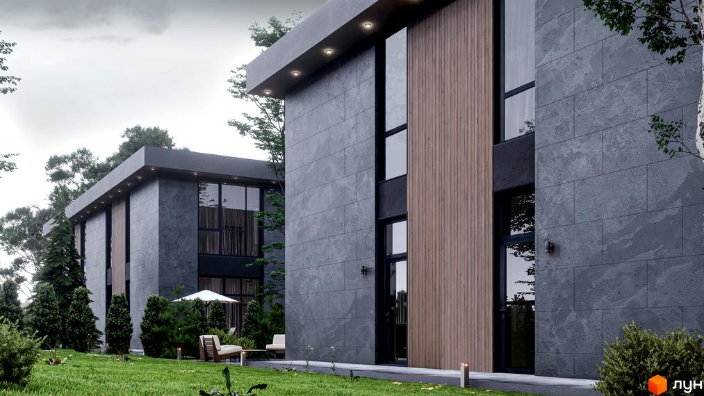 Зовнішній вигляд дуплексів Zubra House з сірим фасадом та дерев'яними елементами, оточений зеленою прибудинковою територією з газоном та деревами.