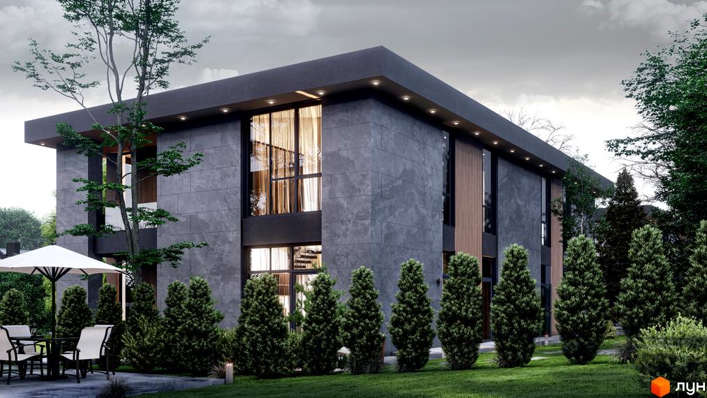 Зображення двоповерхового будинку з великими вікнами в Житловому комплексі Zubra House. Навколо зелений газон та декоративні дерева.