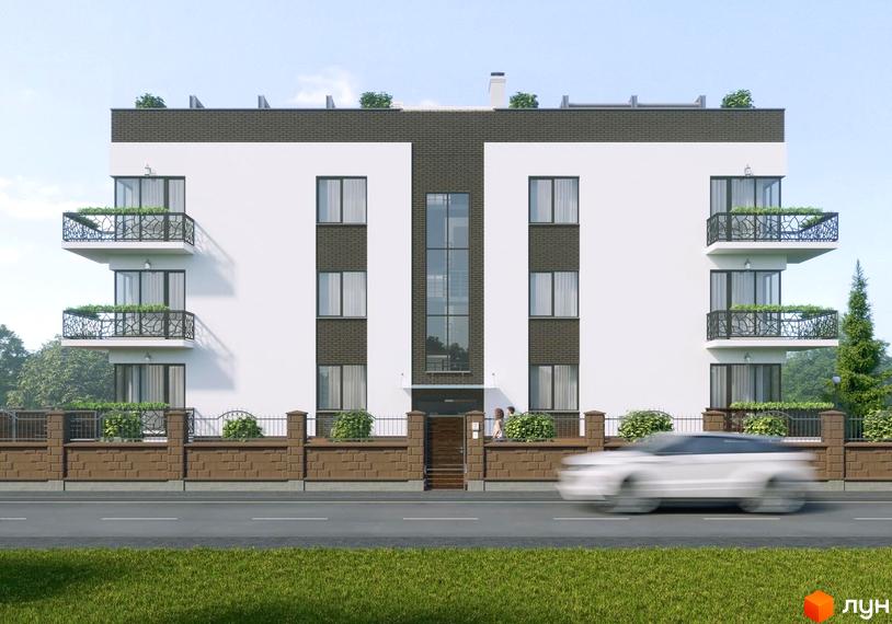Житловий комплекс Lounge має білий фасад з темними цегляними вставками та балконами з рослинами. Перед будинком розташовані дорога, зелена трава та цегляний паркан.