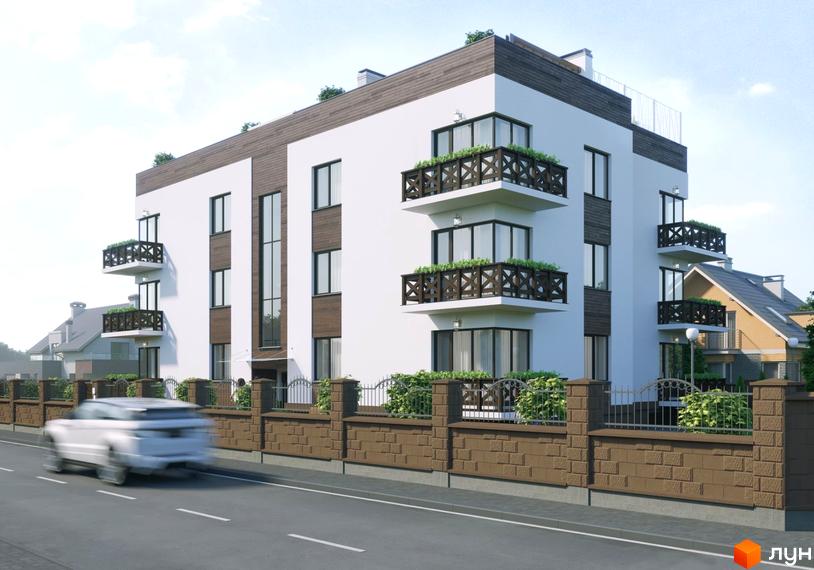Житловий комплекс Lounge: білий багатоквартирний будинок з темними дерев'яними вставками та балконами. Перед будинком цегляний паркан з металевими елементами.