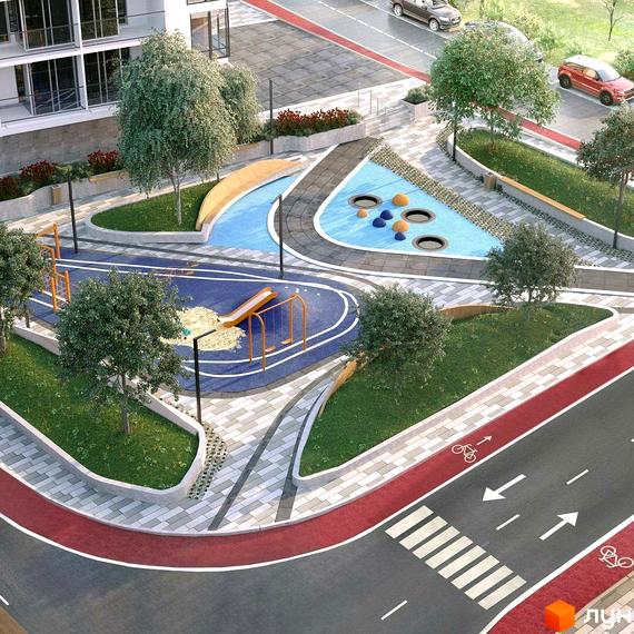 Житловий комплекс Традиція: сучасний житловий будинок з дитячим майданчиком та зоною відпочинку на прибудинковій території.