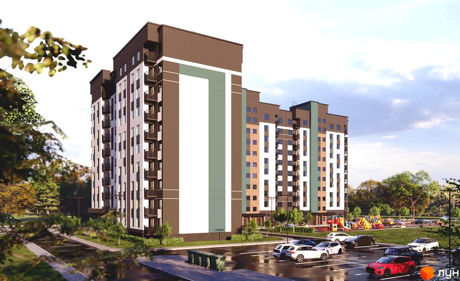 Житловий комплекс Калина: багатоповерховий будинок з балконами, фасадом коричневого, білого та зеленого кольорів. Поруч парковка та дитячий майданчик.