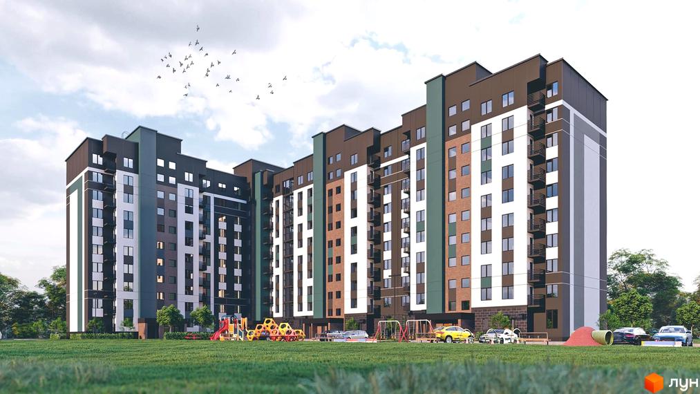 Житловий комплекс Калина: багатоповерховий будинок з фасадами коричневого, білого та зеленого кольорів. На прибудинковій території зелений газон та дитячий майданчик.