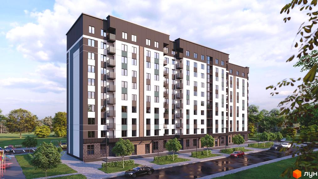 Зображення фасаду та прибудинкової території Житлового комплексу Калина. Багатоповерховий будинок з балконами, поруч дерева, дорога та тротуар.