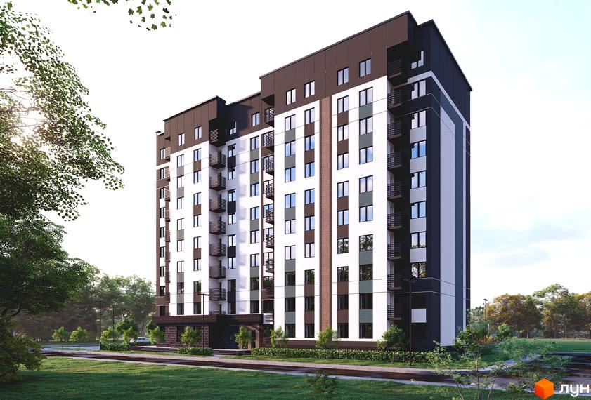 Зображення багатоповерхового будинку в Житловому комплексі Калина. На фото фасад новобудови та прибудинкова територія з газоном.