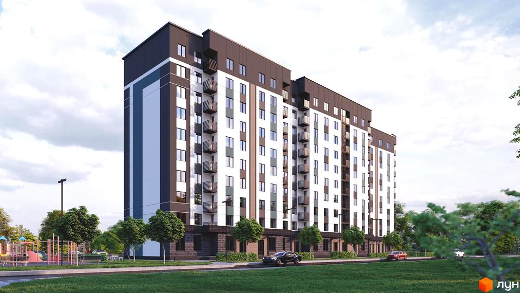 Житловий комплекс Калина: багатоповерховий будинок з білими, темно-сірими та синіми елементами фасаду, балконами. Поруч зелені насадження та дитячий майданчик.