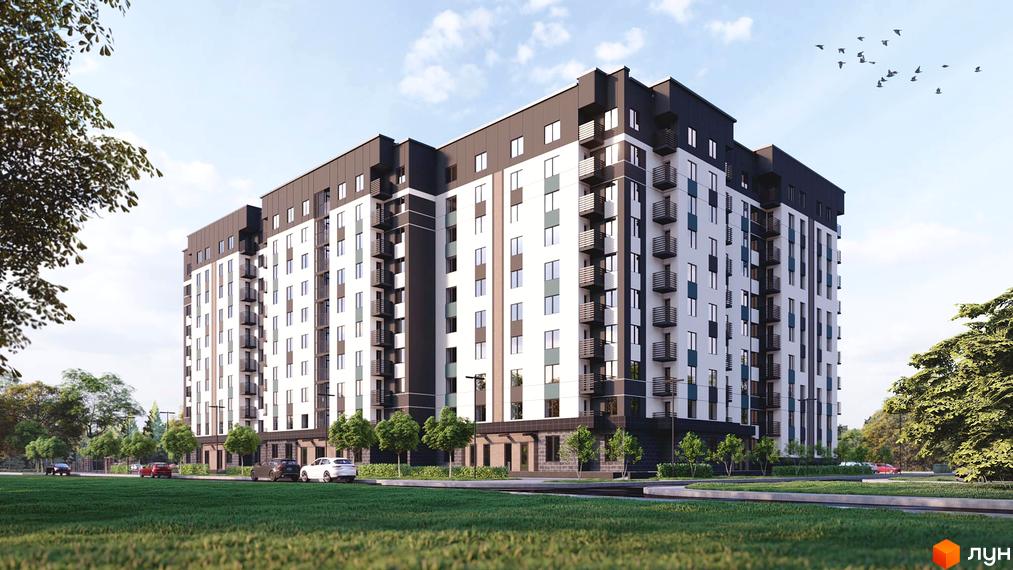 Зображення фасаду Житлового комплексу Калина. Багатоповерховий будинок з балконами та великими вікнами, навколо зелений газон та дерева.