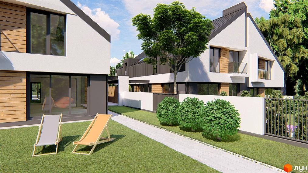 Atlant House - сучасні дуплекси з дерев'яними елементами та великими вікнами. Прибудинкова територія з газоном, доріжкою та шезлонгами.