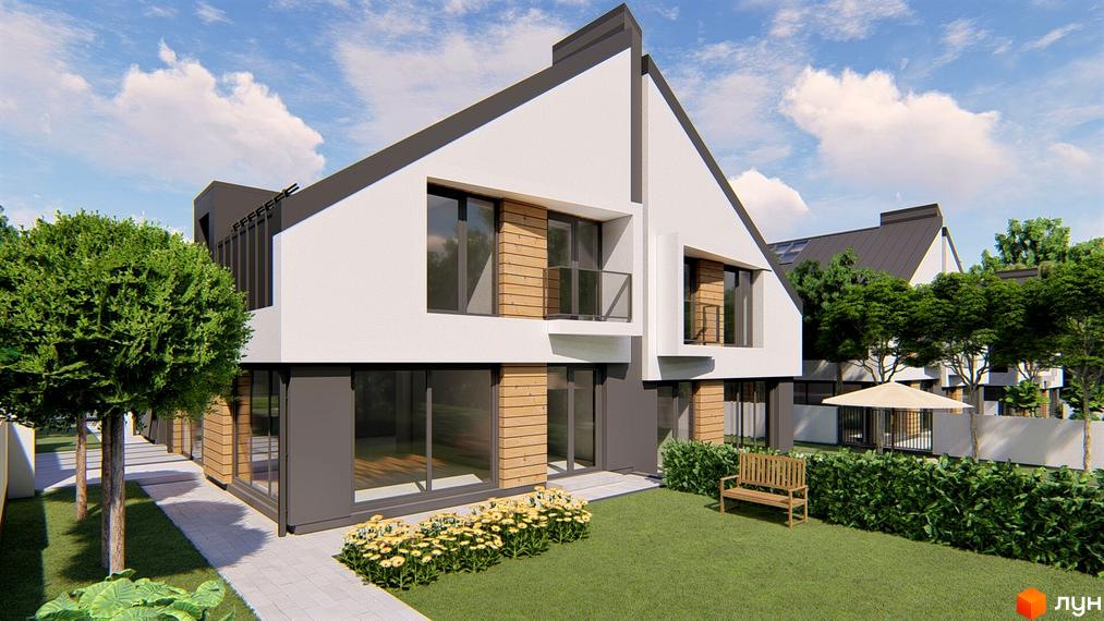 Atlant House: сучасні дуплекси з дерев'яними елементами та великими вікнами, доглянута прибудинкова територія з лавкою та квітами.