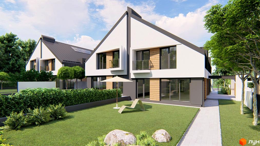 Atlant House - сучасні дуплекси з панорамними вікнами та балконами, огороджена територія з доглянутим газоном та зеленими насадженнями.