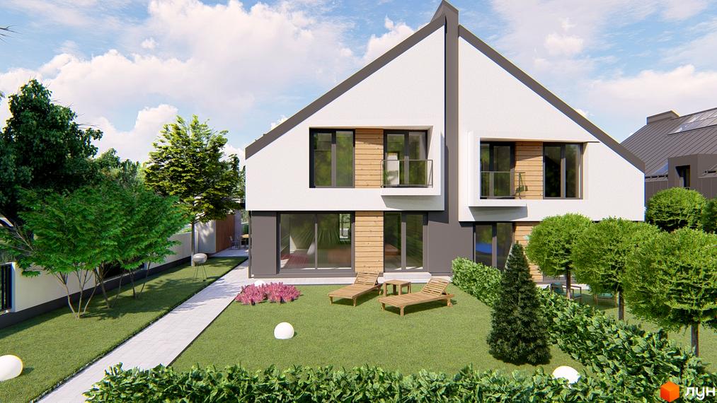 Atlant House дуплекси з двома поверхами та великими вікнами, розташовані на зеленій ділянці з газоном та двома шезлонгами.