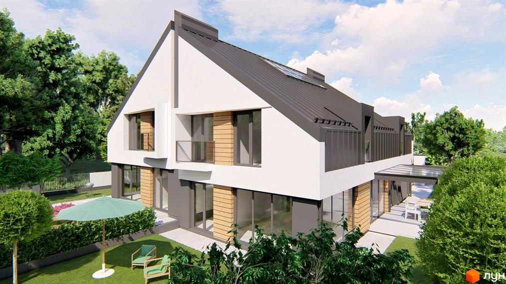 Atlant House - дуплекси з білою стіною, темним дахом та дерев'яними елементами фасаду. На прибудинковій території зелений газон, парасолька від сонця та два крісла.