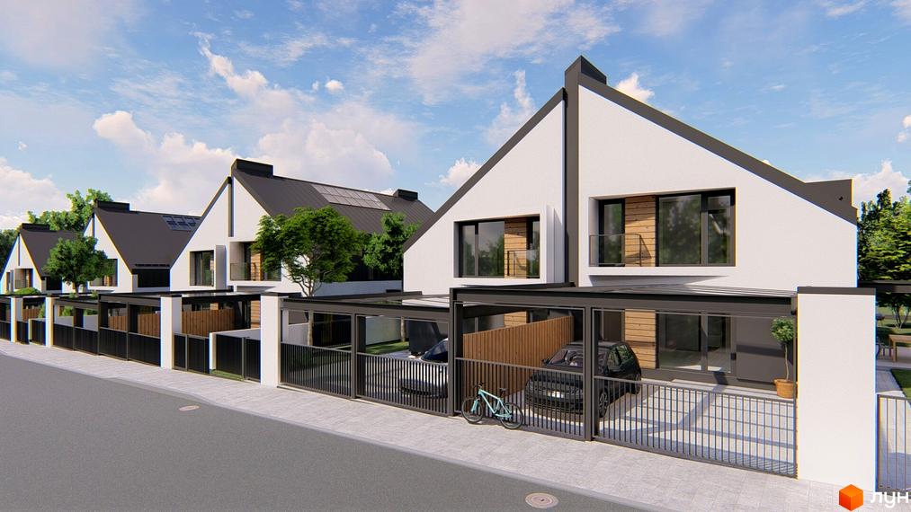 Atlant House дуплекси: білі фасади, чорні дахи, панорамні вікна, навіси для авто та огороджена територія з велосипедом.