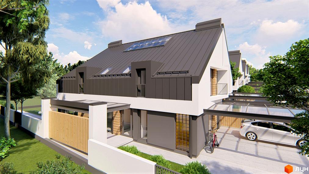 Зовнішній вигляд дуплексів Atlant House з сірими дахами та білими стінами, прибудинкова територія з навісами для авто та зеленими насадженнями.