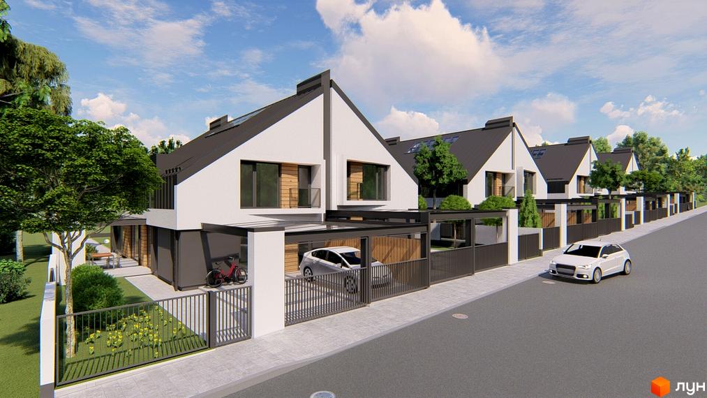 Atlant House дуплекси: білі фасади, темні дахи, навіси для авто та огороджена територія з газоном і квітами. Зовнішній вигляд будинків та прибудинкової території.