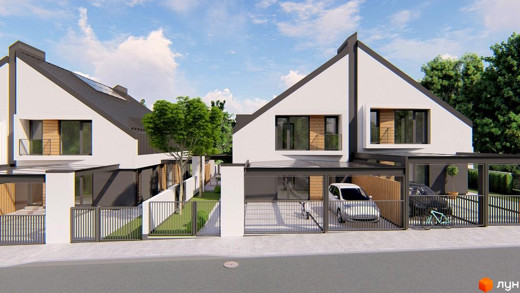 Дуплекси Atlant House - фасади будинків з панорамними вікнами та навісами для паркування, огороджена територія з зеленими насадженнями.