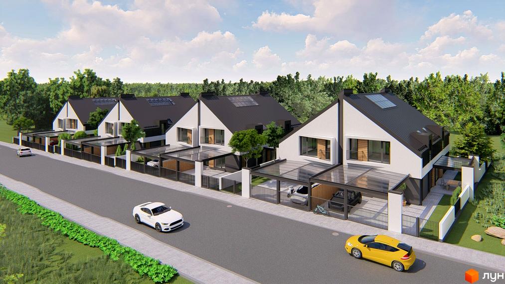 Atlant House дуплекси: білі фасади, чорні дахи, навіси для авто. Прибудинкова територія з парканом, дорогою та зеленими насадженнями.