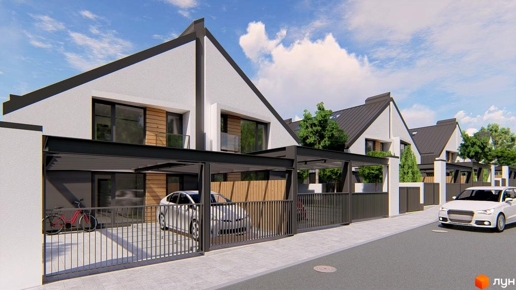 Сучасні дуплекси Atlant House з індивідуальними гаражними навісами та огородженою територією. На території розташовані автомобілі та велосипед.