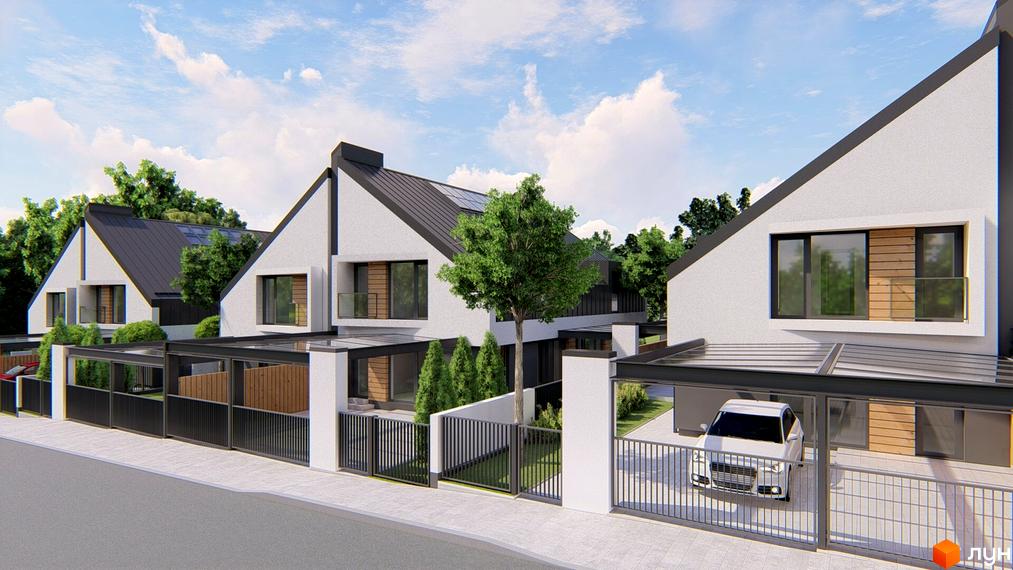 Atlant House дуплекси: білі фасади, темні дахи, панорамні вікна та навіси для авто. Огороджена територія з парканом та зеленими насадженнями.