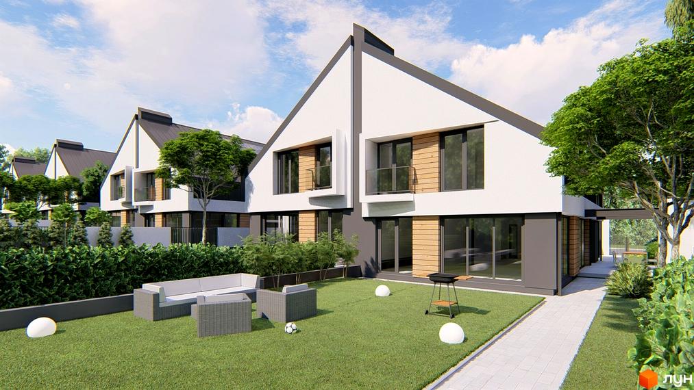 Atlant House дуплекси: білі фасади з дерев'яними вставками та великими вікнами, зелений газон з вуличними меблями та мангалом.