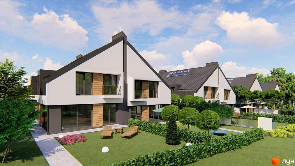 Atlant House - дуплекси з білою фасадною штукатуркою та дерев'яними елементами, з зеленим газоном та кущами перед будинками.