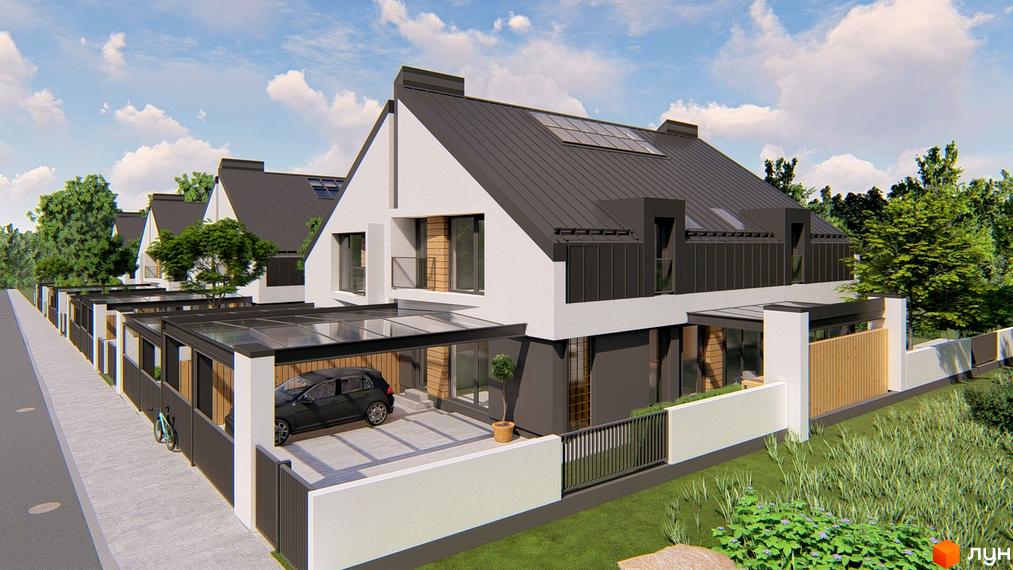 Atlant House - дуплекси з сірими дахами та білими фасадами, з навісами для авто та огородженою територією.