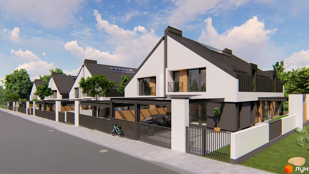 Зовнішній вигляд дуплексів Atlant House з чорними дахами та білими стінами, прибудинкова територія з парканом та зеленими насадженнями.