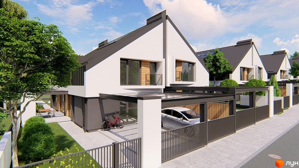 Atlant House - сучасні дуплекси з прибудинковою територією, гаражем та зеленими насадженнями. Зовнішній вигляд будинків та доглянутий двір.