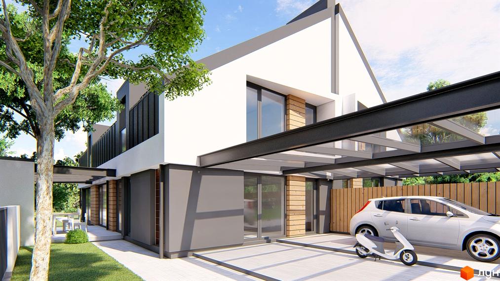 Atlant House дуплекси: сучасний двоповерховий будинок з навісом для авто та зоною відпочинку. Прибудинкова територія з доглянутим газоном та деревом.