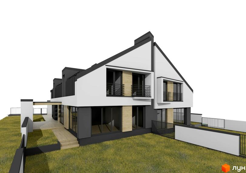 Atlant House дуплекси: двоповерхові будинки з білими та сірими фасадами, балконами та великими вікнами, розташовані на зеленій ділянці з огорожею.