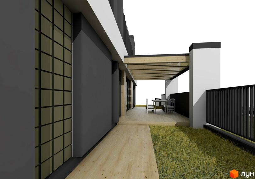 Atlant House дуплекси: сучасний фасад будинку з великими вікнами та зоною відпочинку з альтанкою та столиком. Прибудинкова територія з травою та дерев'яною доріжкою.