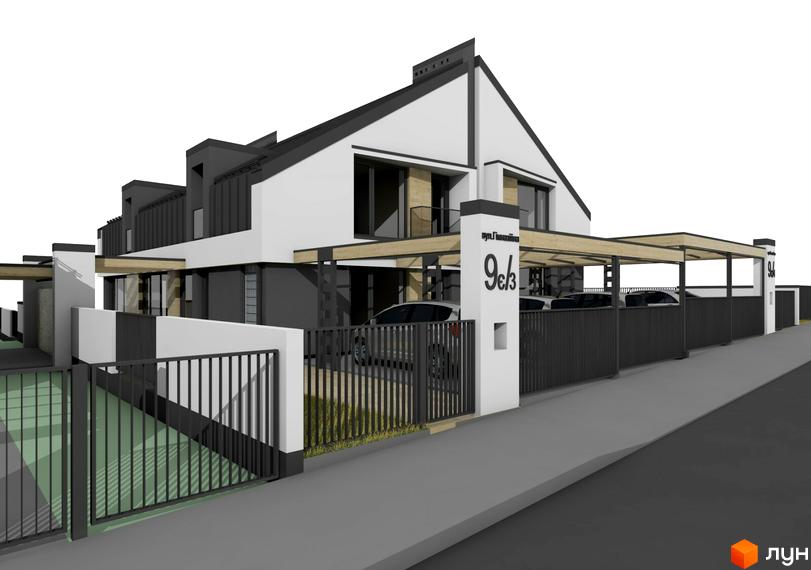 Atlant House - дуплекси з навісами для авто та парканом. Фасад будинку білий з темними елементами, двоповерховий.