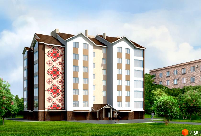 Житловий комплекс Вишиванка – це багатоповерхова будівля з оригінальним фасадом, прикрашеним етнічним орнаментом. Навколо комплексу облаштована доглянута прибудинкова територія з зеленими насадженнями.