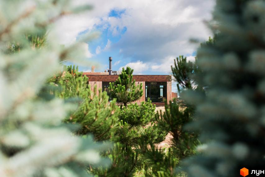 Котеджне містечко КМ 9 ЕЛЕМЕНТІВ з дерев'яним фасадом та великими вікнами, оточене зеленню хвойних дерев.