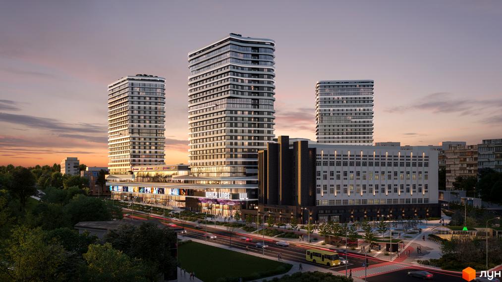 Житловий комплекс White Lines з трьома висотними будівлями зі скляними фасадами. Навколо комплексу розташовані торгові площі, жвава дорога та зелені насадження.