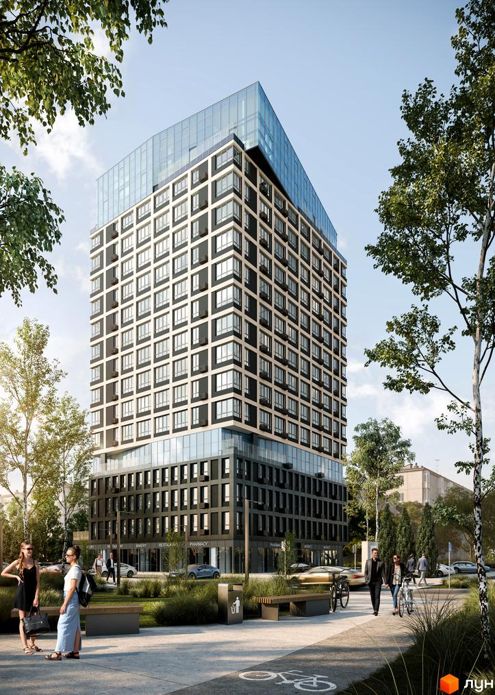 Висотна будівля ЖК Park Residence з великими вікнами та скляним дахом. На передньому плані алея з лавками, люди та дерева.