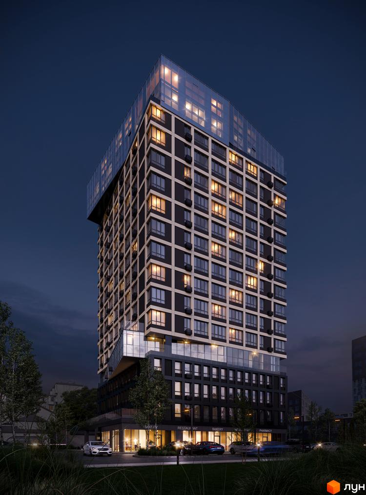 Житловий комплекс Park Residence - це висотна будівля з скляним верхнім поверхом та темними фасадами, що підсвічуються вночі. Навколо будівлі розташовані дерева та припарковані автомобілі.