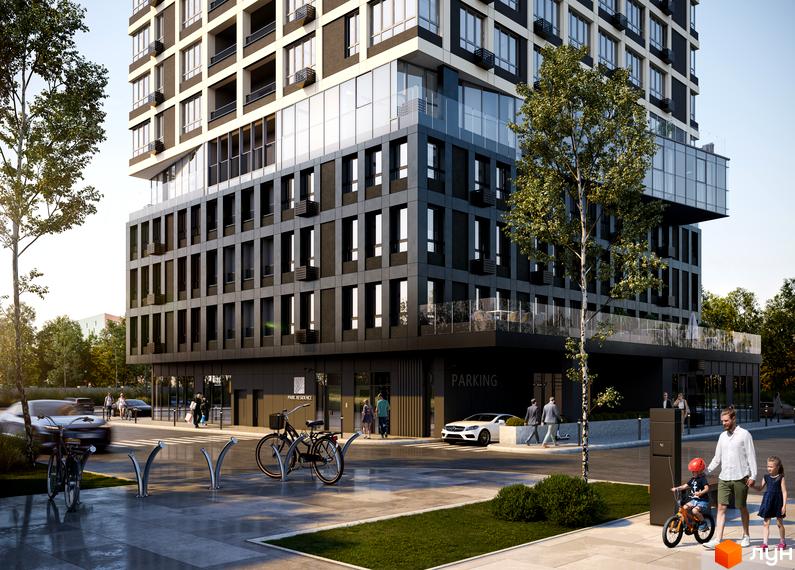 Висотна будівля ЖК Park Residence з темним фасадом та скляними вставками. На території є парковка, зелені насадження, тротуар та люди.