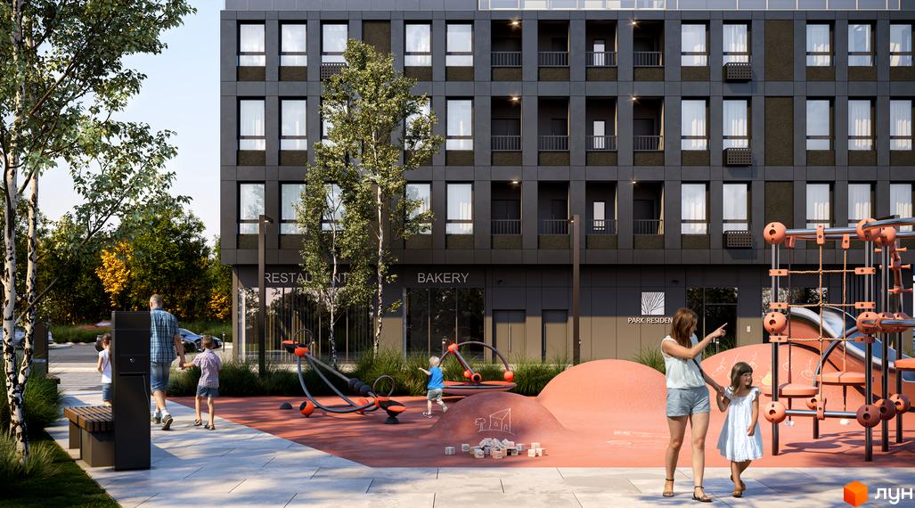 Сучасний житловий комплекс Park Residence з дитячим майданчиком та зоною відпочинку. Зовнішній вигляд будинку та прибудинкова територія.