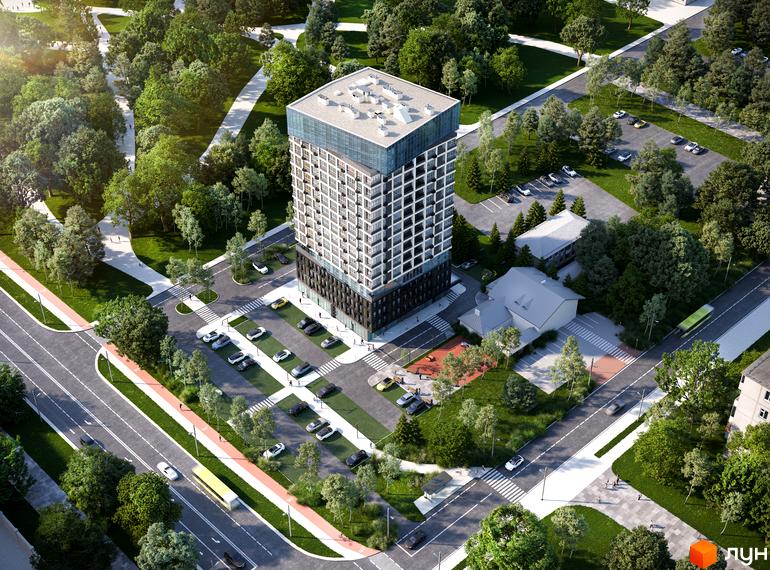 Житловий комплекс Park Residence - висотна будівля з панорамними вікнами та прибудинкова територія з парковкою та зеленими зонами.