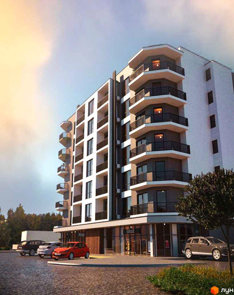 Будівельний проєкт Доломіт: багатоповерховий будинок з балконами та прибудинковою територією з автомобілями.