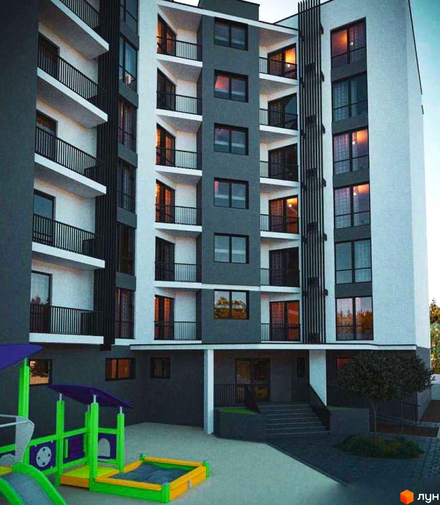 Зовнішній вигляд житлового комплексу Доломіт з балконами та вікнами, дитячий майданчик та пісочниця на прибудинковій території.