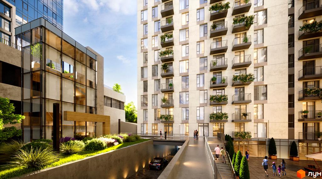 Житловий комплекс Neboshill: багатоповерховий будинок з балконами та скляний центр. Прибудинкова територія має зелені насадження та підземний паркінг.