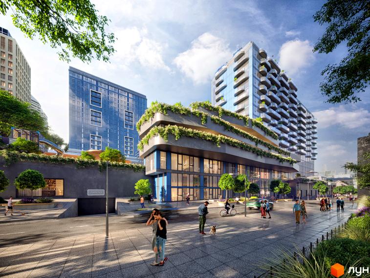 Житловий комплекс Neboshill: багатоповерхова будівля зі скляним фасадом та зеленими терасами. Прибудинкова територія з пішоходами та рослинністю.