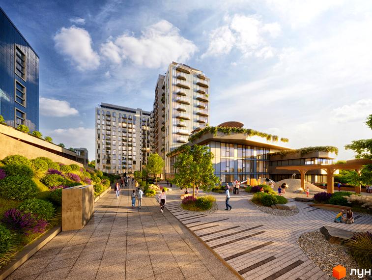 Житловий комплекс Neboshill: архітектурний ансамбль з висотними будинками та доглянутою прибудинковою територією з пішохідними алеями та дитячим майданчиком.